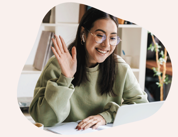 woman offering support and waving at screen